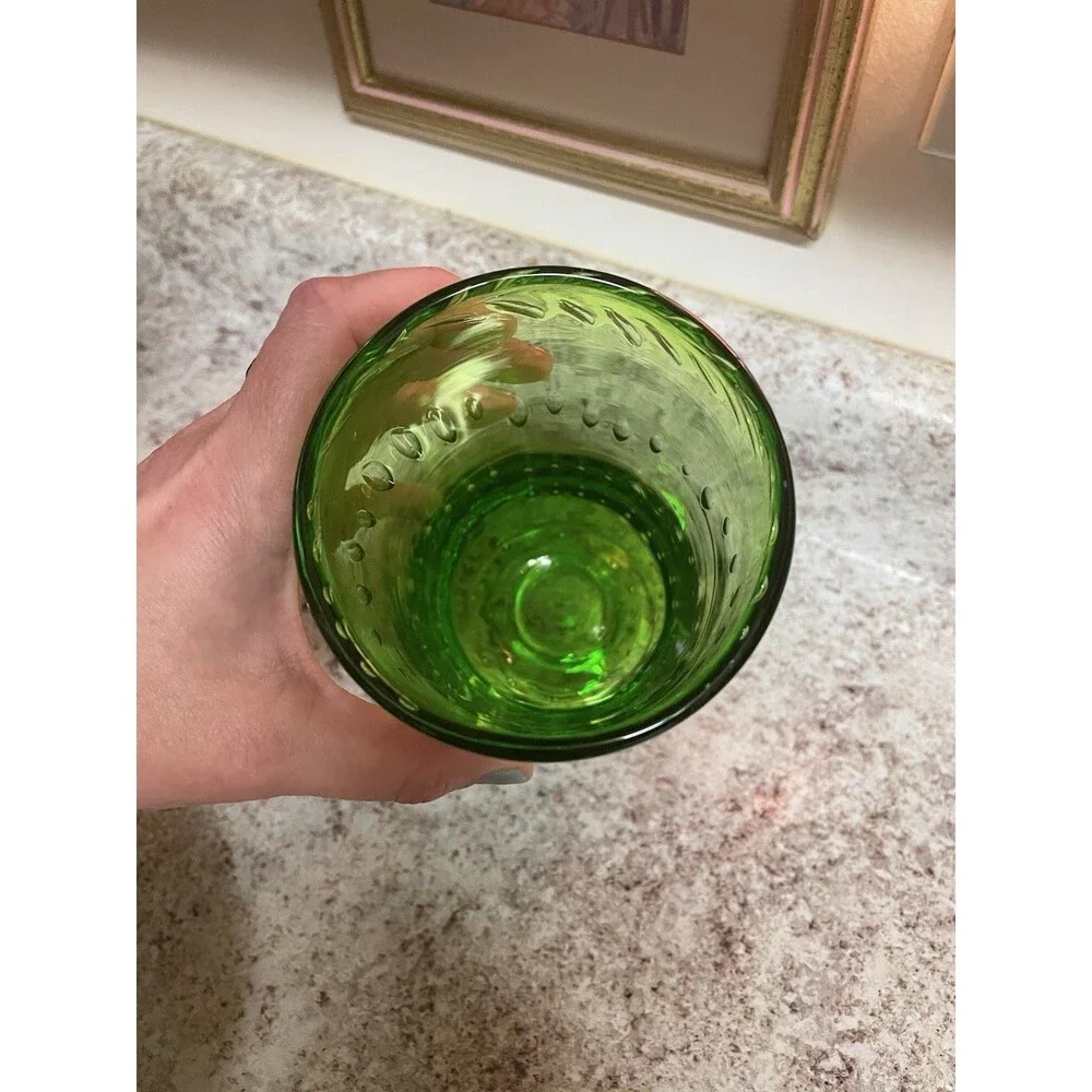 70’s Art Deco Hand Blown Controlled Bubble Apple Green & Clear Base Glass Vase